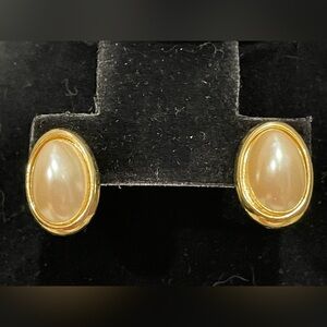 Elegant Gold and Cream Oval Faux Pearl Clip On Earrings